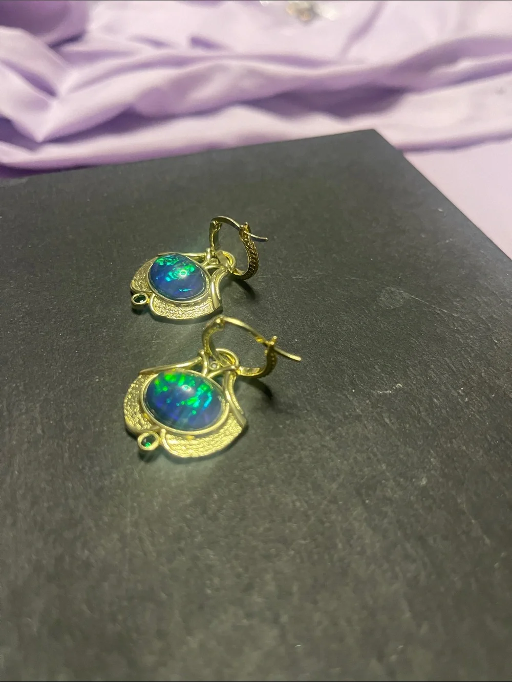Gold-Tone Earrings with Green-Blue Opal Cabochons - Women Jewelry